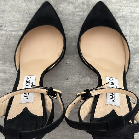 Jimmy Choo Black Suede Block Heels Ankle Strap Pointed Toe Shoes Size 39 1/2 - Picture 6 of 10